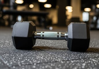 Closeup of a single black dumbbell on a gym floor, showcasing its textured grip and sturdy design, perfect for strength training