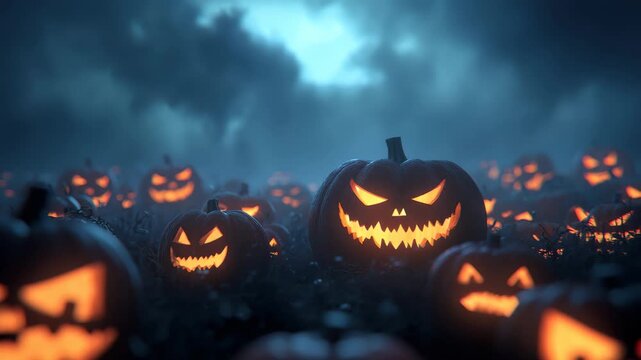 Spooky pumpkin patch with glowing jack-o'-lanterns under a cloudy night sky during Halloween season