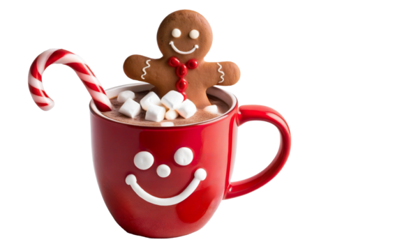 Christmas mug of hot chocolate with cream and sweets on a transparent background