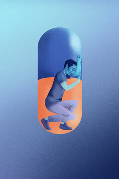 Person trapped inside a capsule symbolizing addiction and health issues