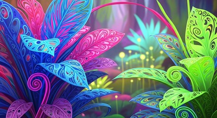 Vibrant Exotic Jungle Plants With Swirling Leaves And Glowing Flora