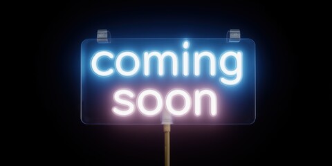 Neon "coming soon" sign in blue and pink on black background