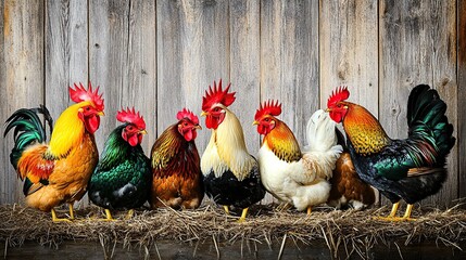 A Row of Colorful Roosters Standing on Straw in Front of Weathered Wooden Fence