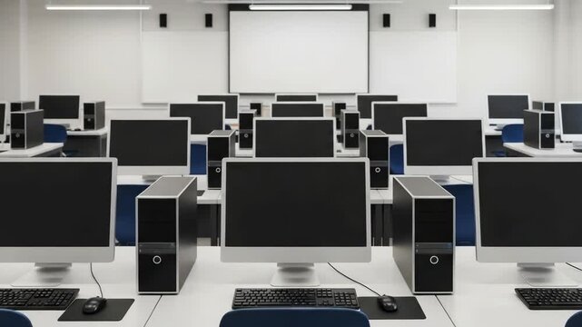Empty Computer Lab with Modern Desktops and Chairs in Bright Learning Environment