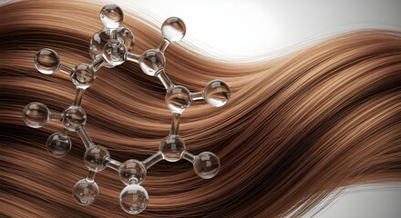 Molecular structure on healthy brown hair representing cosmetic science and keratin treatment research