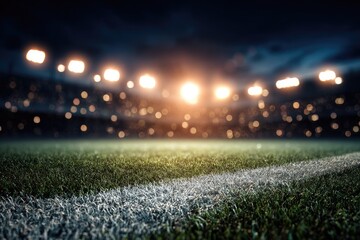 Close-up of an illuminated stadium field at night, bright lights