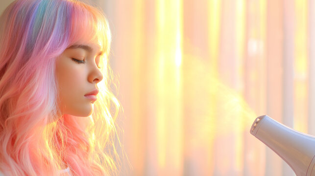 Young woman with pastel rainbow hair blow drying in soft sunlight, serene expression, colorful hairstyle, gentle morning light, beauty and self care concept