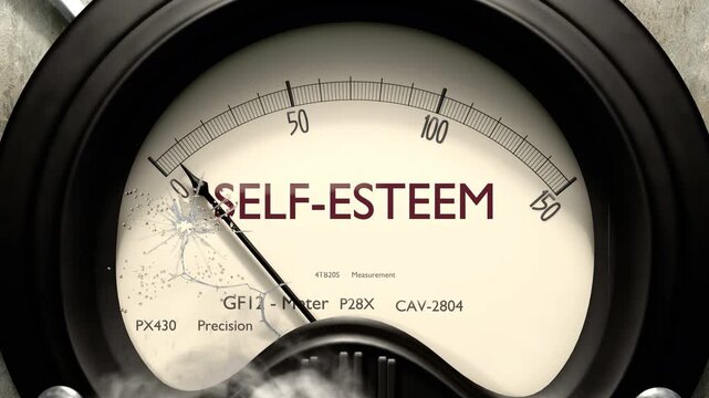 Self-esteem meter showing low levels of self-esteem. Minimum and decreasing self-esteem value, below the norm. Lack of self-esteem. None of it, insufficient.