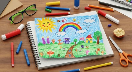 Childrens Colorful Drawing With Art Supplies Scattered Around