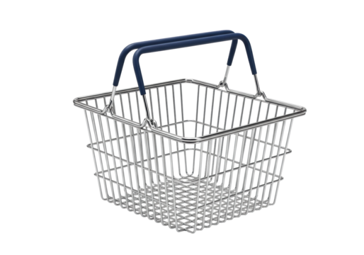 Empty, brand-new, reflective chrome metal wire shopping basket with a deep navy blue plastic handle, on an immaculate transparent background with copy space, concept of modern consumerism and shopping