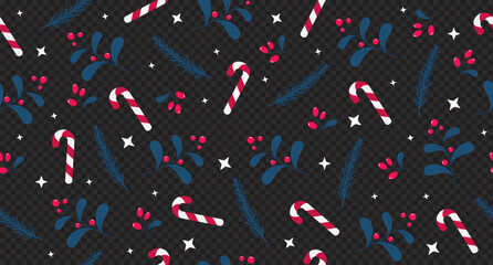 Leaves and berries with candy cane seamless pattern. Perfect for wrapping paper, fabric, and holiday decoration. Winter holidays theme. Vector illustration