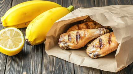 A rustic still life featuring ripe yellow bananas, a halved lemon, and grilled pastries on brown parchment