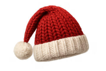 Red knitted santa hat with white pom-pom and cuff, representing christmas, winter holidays, and festive celebrations