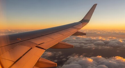 A view from an airplane window of the wing soaring above a sea of clouds during a vibrant sunset, capturing the beauty of flight