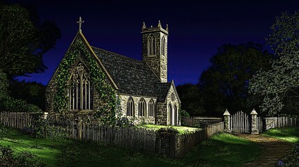 A serene stone church at night surrounded by tall trees and a quiet graveyard under a deep blue sky