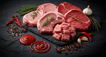 Premium Meat Selection Featuring Fresh Cuts And Seasonings For Culinary Delights