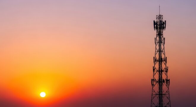 Telecommunication tower against a vibrant sunset sky, symbolizing connectivity and technological advancement in the modern era