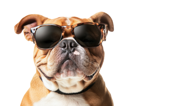 Bulldog wearing tortoise shell sunglasses isolated on a transparent background