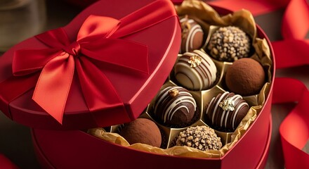 Assortment of Delicious Gourmet Chocolates in a Heart Shaped Box for Valentine's Day Celebration