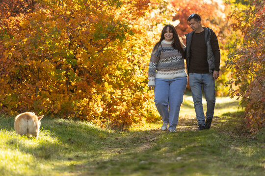 A young couple in love walks through the park with their pet. The lovers enjoy the golden autumn scenery.