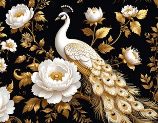 Regal white peacock perched among lush, golden floral elements