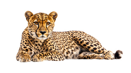 Cheetah lying down on white isolated on a transparent background