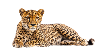 Cheetah lying down on white isolated on a transparent background