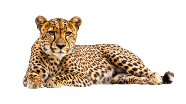 Cheetah lying down on white isolated on a transparent background