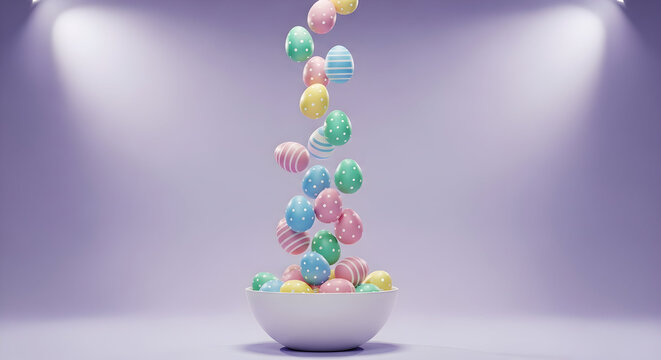 Pastel Easter eggs gently falling into a white bowl, perfect for spring celebrations and seasonal marketing campaigns, conveying joy, freshness, and holiday spirit