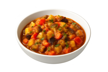 White bowl of chunky vegetable and meat stew with colorful carrots, potatoes, peppers in thick brown sauce