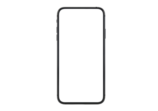Modern black smartphone isolated PNG on transparent background, mobile phone mockup for app design and product presentation