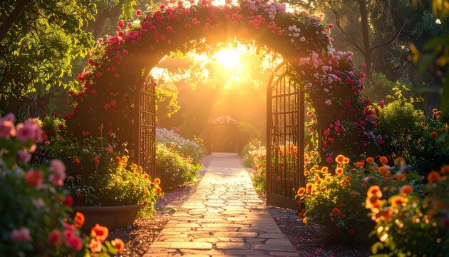 Stone pathway through a summer garden with lush grass and surrounding trees under a clear sky landscape