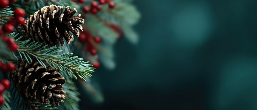 Festive Christmas pine branch with pinecones and red berries on dark teal background Holiday season botanical decoration concept