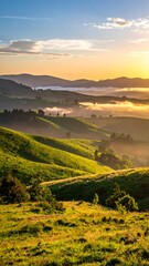 Rolling green hills bathed in golden sunrise light