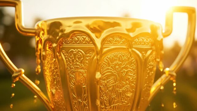 Golden trophy illuminated by sunlight award ceremony concept