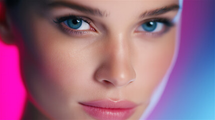 Fototapeta premium Close-up portrait of young woman with blue eyes and neon light, concept of modern beauty and fashion.