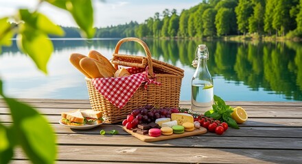 Beautiful Lakeside Picnic Spread on a Wooden Dock with Refreshing Drinks and Appetizing Food