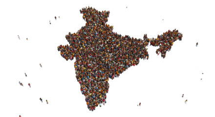 Extreme aerial, diverse people in traditional/modern attire forming India map outline on bright white studio floor, scattered individuals moving, profound unity in diversity concept