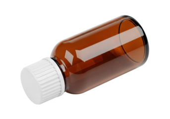 Amber glass bottle with white cap isolated PNG, essential oil container for aromatherapy and pharmaceutical use on transparent background