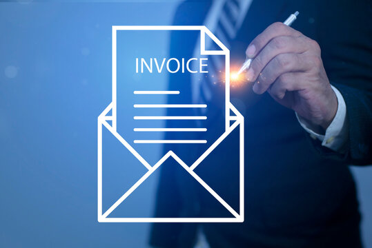 Professional businessman uses a digital pen to manage an E-Invoice on a futuristic virtual interface. Financial report and bank management with online payment concept. Invoice and online statements. - Powered by Adobe