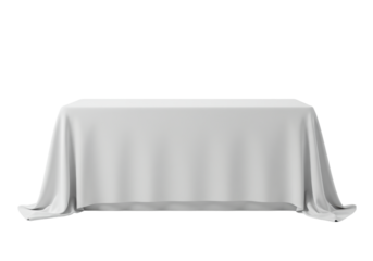 Luxurious white fabric drapes elegantly over a rectangular display table, meticulously detailed, isolated against a seamless transparent background with soft lighting, minimalist presentation stage