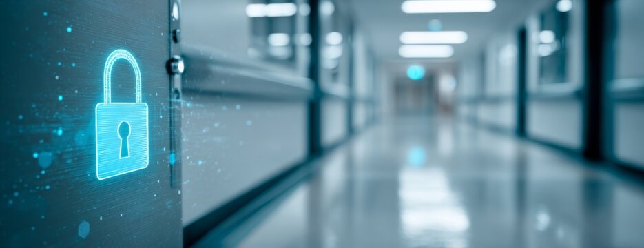 Digital lock symbol on a hospital door in a secure corridor