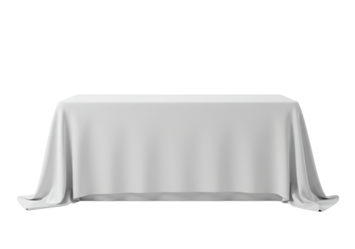 Luxurious white fabric drapes elegantly over a rectangular display table, meticulously detailed, isolated against a seamless transparent background with soft lighting, minimalist presentation stage