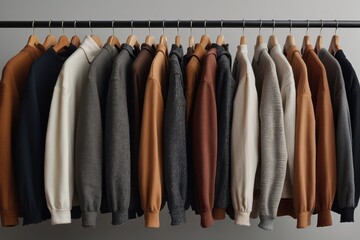 Clothes hanging in row. Many clothes for autumn or fall season