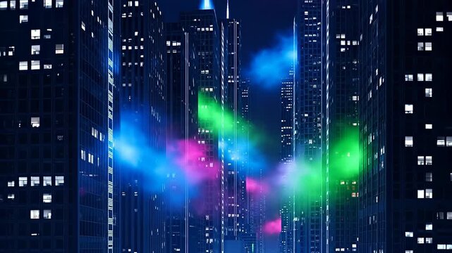 Dynamic city skyline at night with vibrant neon lights creating energetic mood