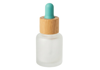 Frosted glass dropper bottle with wooden collar and teal bulb isolated PNG, essential oil container for beauty and aromatherapy products