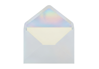 Open iridescent envelope with paper isolated PNG, blank stationery for invitations and greetings on transparent background