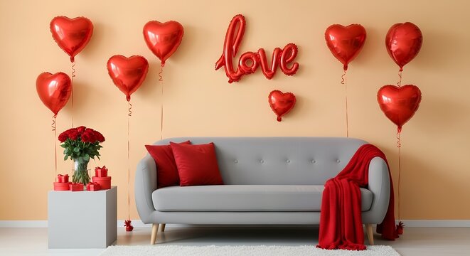 A romantic living room arrangement featuring red heart shaped balloons a 'love' balloon a bouquet of red roses wrapped gifts and a gray sofa with red cushions and a red throw romance