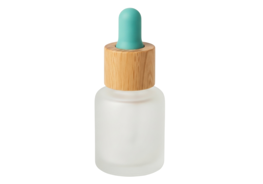 Frosted glass dropper bottle with wooden collar and teal bulb isolated PNG, essential oil container for beauty and aromatherapy products