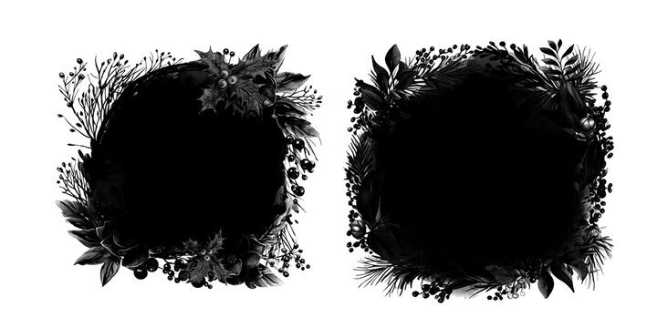 Christmas floral masks bundle. Clip art black and white universal use